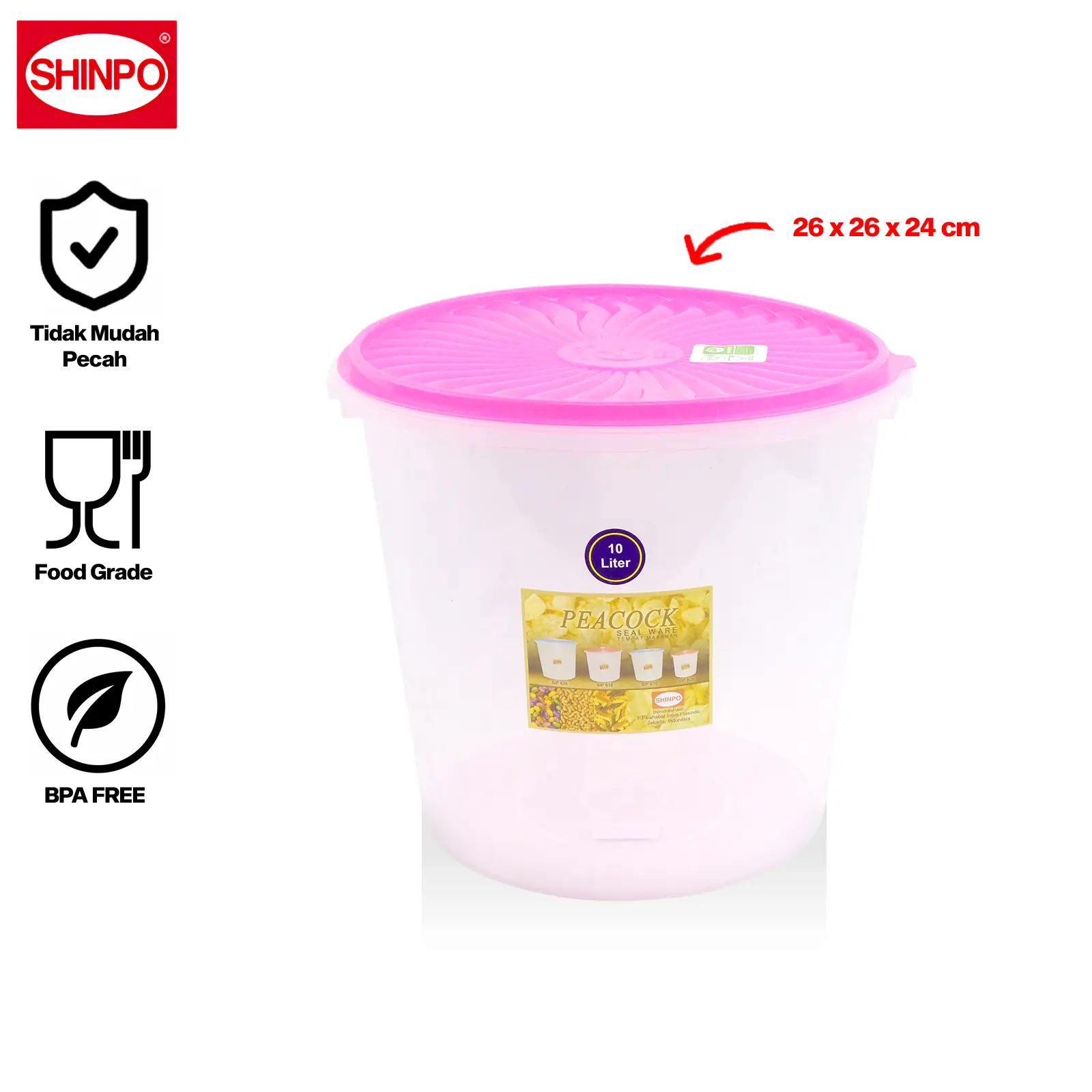 SHINPO Toples Plastik 10 L Penyimpanan Makanan Peacock Food Storage BPA Free SPO-SIP-610 Pink