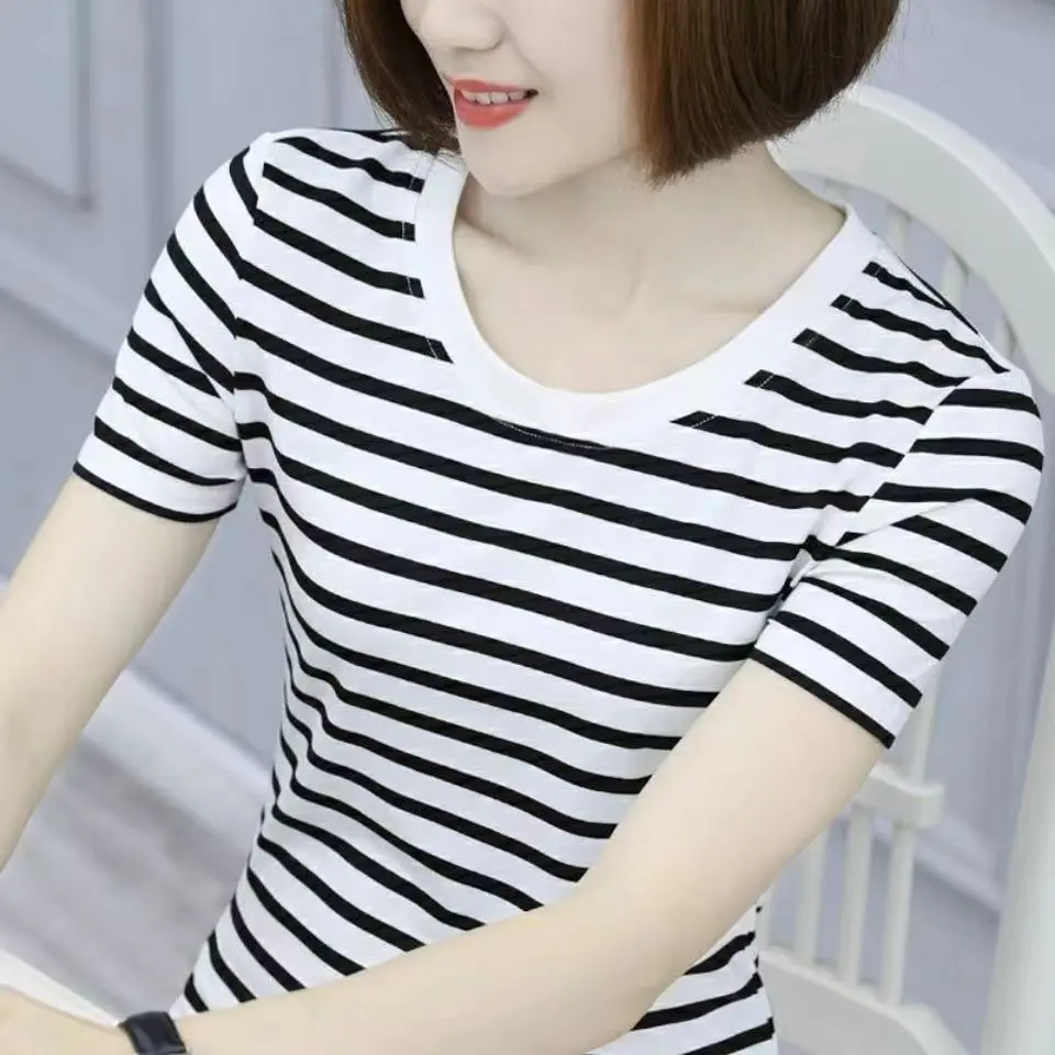 Stylish Mom Striped Short Sleeve T-Shirt for Summer