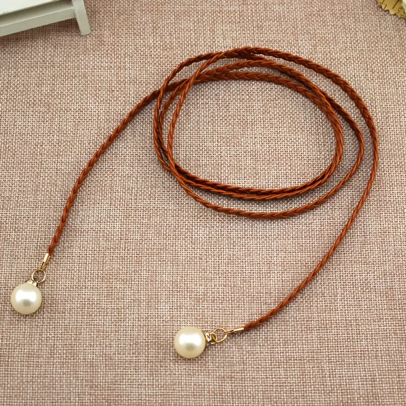 [1pc Elegant Braided Belt] 1pc Elegant Women's Braided Waist Rope Belt with Classic Pearl Pendant | Vintage Sweet Style, Non-Washable, Perfect for Dresses, Wedding Belt, Available in Black, Pink, Red, Brown 7