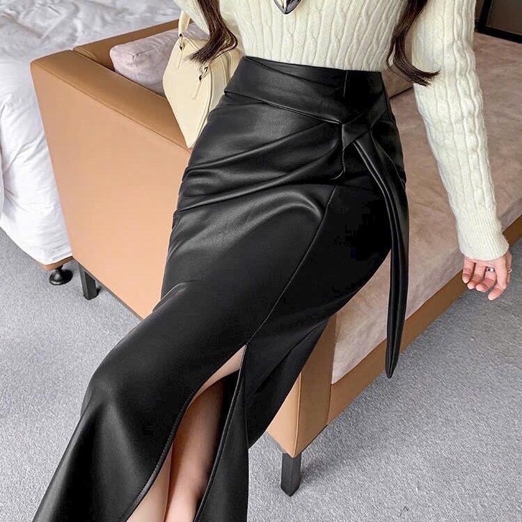 Chân váy da ướt dáng dài , co giãn , dúm eo  .   1 bên đùi Nữ Women chân váy   tà 1 bên Voi