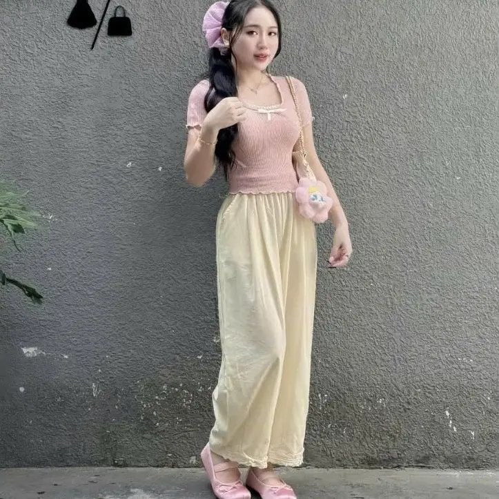 Set đồ nữ áo thun tăm lạnh phối ren, quần lưng thun co giãn ống phối ren Nhung Women