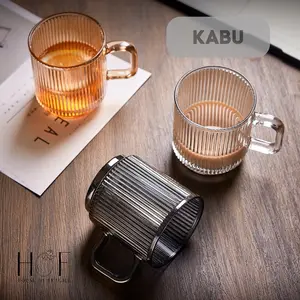 HOF KABU Gelas Kaca Motif Garis Aesthetic Mug Cangkir Kopi Cafe Unik ala Korea Mewah