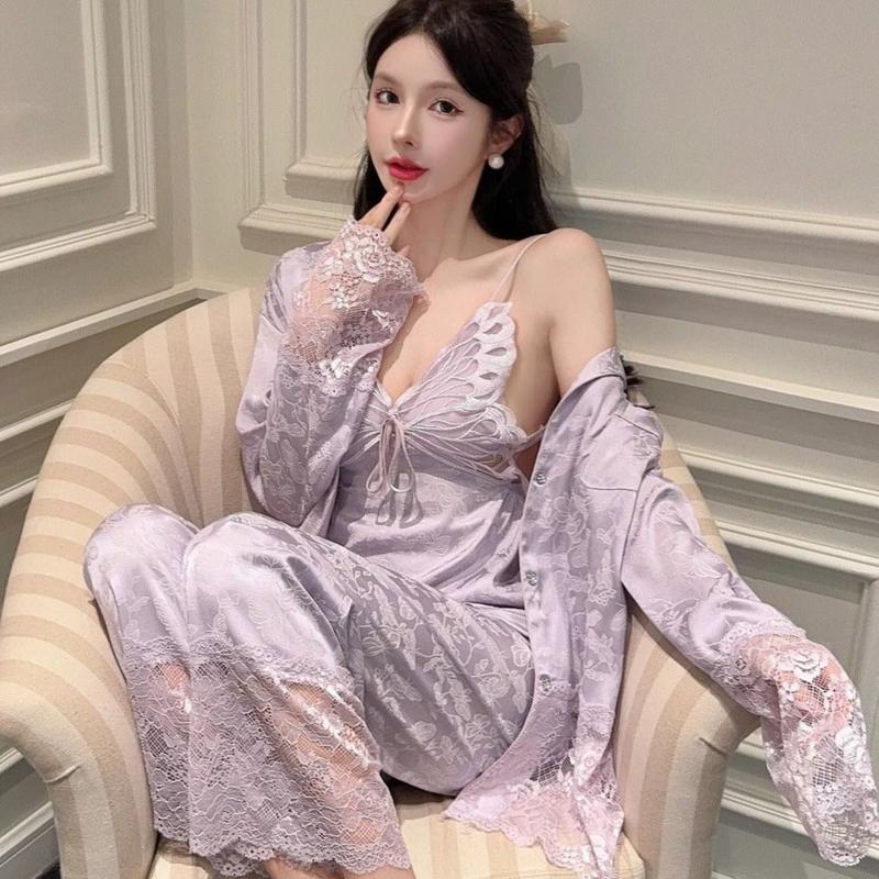 Bộ Đồ Ngủ Lụa, Phong Cách Gợi Cảm, Dành Cho Nữ, Mùa Xuân Và Mùa Thu, Quần Dài Dây Đeo Ren, Mặc Nhà Mùa Hè, Bộ Bốn Mảnh Hình Bướm Tím, Mới Cho Năm 2025 5