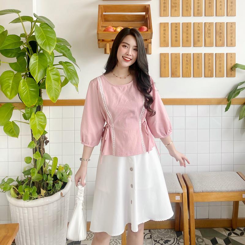 Áo cột nơ viền ren 2 bên tay lửng