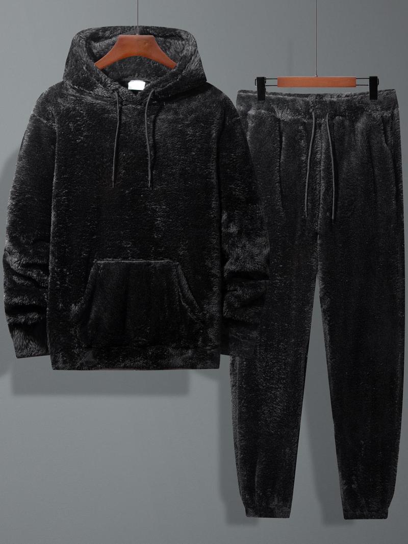 Product Introduction of Men's Solid Plush Fleece Hoodie & Drawstring Waist Pants Two-piece Set, Casual Regular Fit Long Sleeve Hooded Sweatshirt & Pocket Trousers for Fall & Winter, Men's Two-piece Outfits for Daily Wear 1