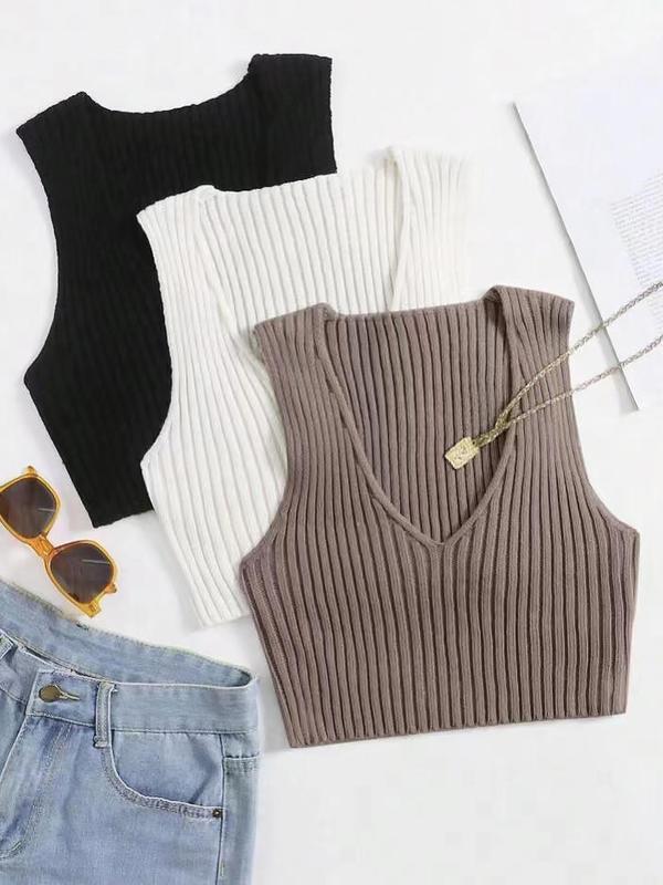 Women's Plain Ribbed V Neck Cropped Sweater Vest, Comfy Clothes for Girls, Casual Sleeveless Crop Knit Top, Summer Outfits 2024, Summer Clothes, Women's Knitwear for Daily Wear 3