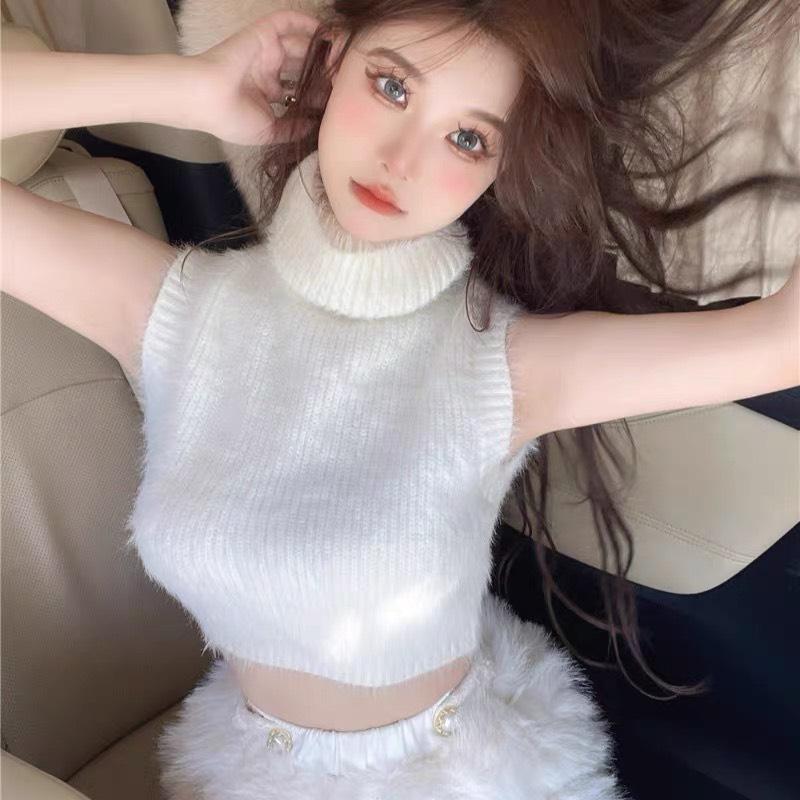 Áo len lông nữ cổ lọ, áo lông cổ yếm sát nách form croptop ! (Thảo Ngọc Store)