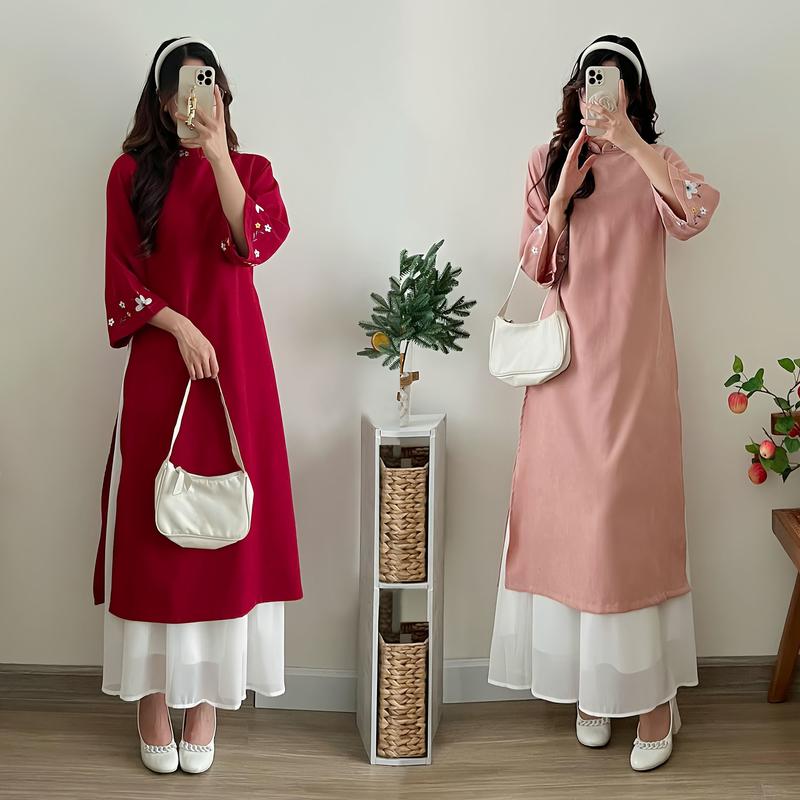 SET áo dài cách tân thêu hoa phối váy 2 lớp nữ vải nhung màu đỏ / hồng / vàng mặc đi chơi Tết - đi lễ chùa - đi dự tiệc cực xinh Women Dress