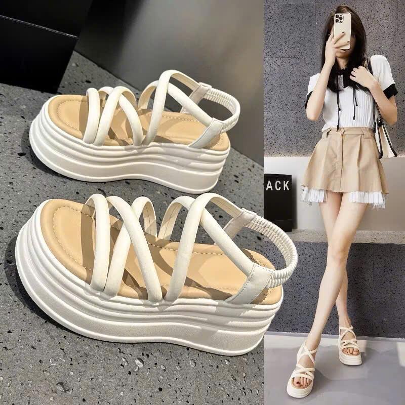 Dép sandal nữ độn đế cao 7cm ACK 2 màu đen và Kem đi mềm êm chân Shoes DéP GiàY