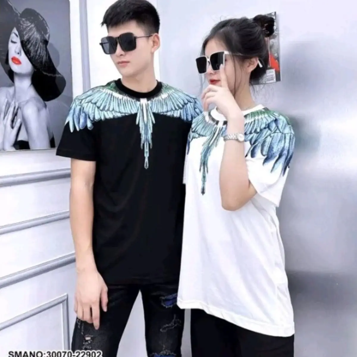 Áo phông cánh chim nam nữ phối màu xanh chất cotton, Áo thun nam nữ cặp đôi hottrend 2023