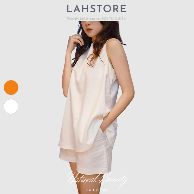 Set đồ nữ linen LAHSTORE, Đồ bộ nữ vải linen áo sát nách form rộng kèm quần short lưng thun BD02 (Trắng) Kem Top