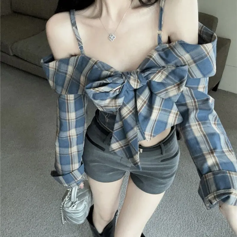 [Shop Hot Sale] Bow Long Sleeve Plaid Shirt Women's Autumn Hot Girl off-Shoulder Spaghetti Straps Top High-Grade French off-Shoulder Shirt