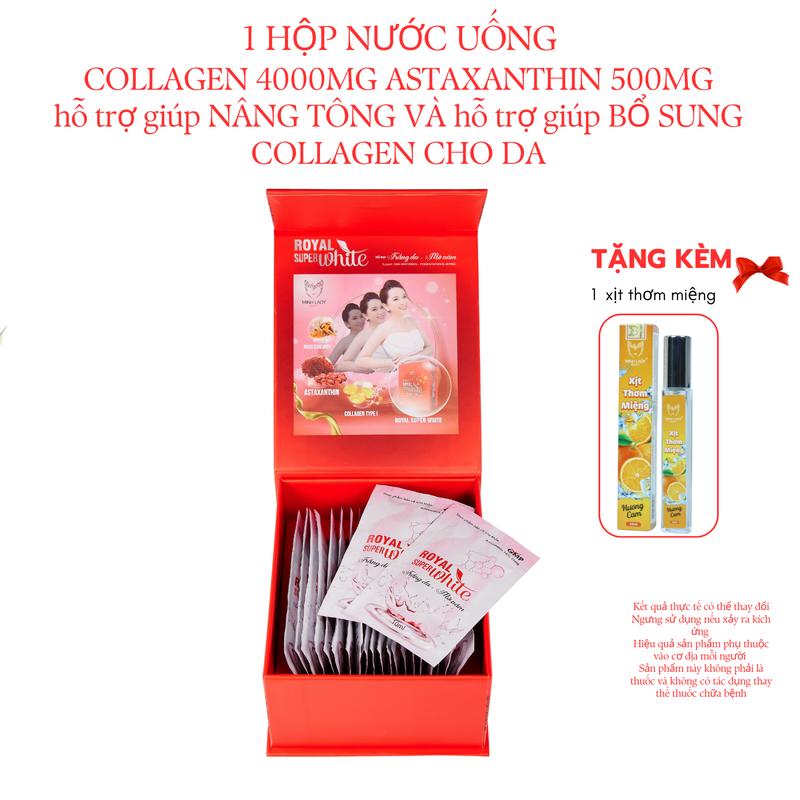 01 HỘP NƯỚC UỐNG hỗ trợ giúp NÂNG TÔNG CÓ COLLAGEN VÀ ASTAXANTHIN ROYAL SUPER WHITE (HỘP 20 GÓI X 10ML)
