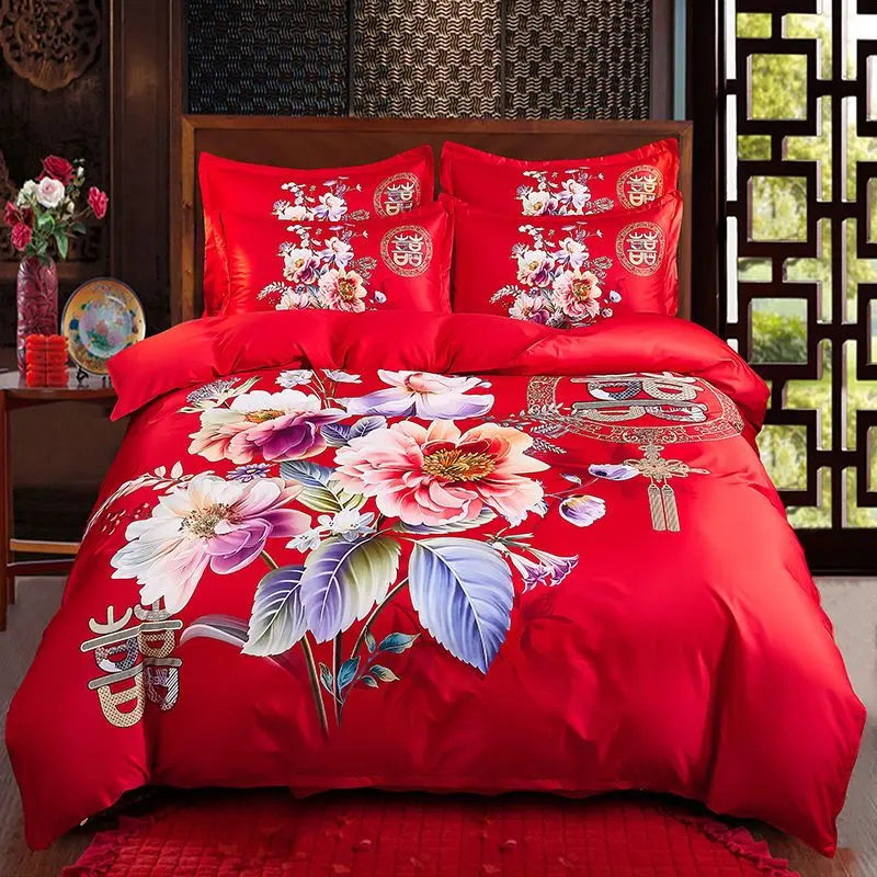 Bộ Bốn Món Đám Cưới, Màu Đỏ Tươi, Ga Trải Giường Dày, Vỏ Chăn, Vỏ Chăn Đôi, Bộ Đồ Giường, Hàng Mới Về, Thích Hợp Làm Quà Cưới 4