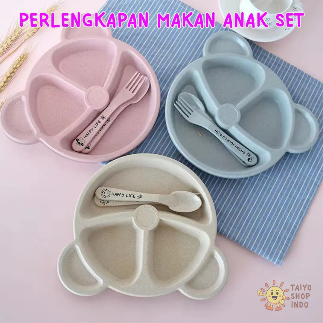 TAIYO Perlengkapan Makan Anak Set 3 Pcs Dari Gandum Piring Sendok Garpu Baby Feeding Set Bayi