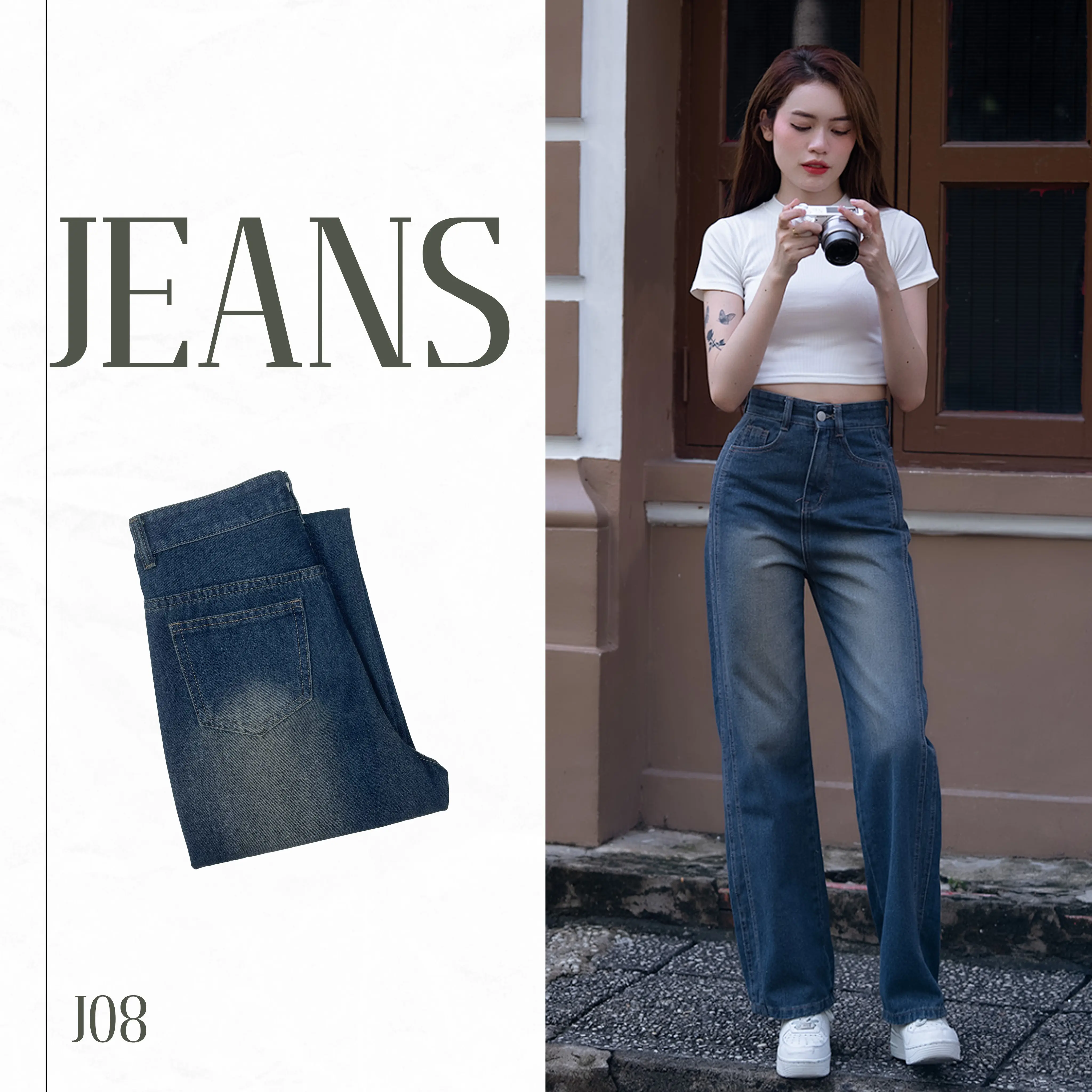 ( J - 08 ) Quần Jean Form Ống Suông, điểm nhấn 2 đường viền dọc quần Chất Vải Cotton Mịn Dài 103 Cm ( S -XXL) Nữ Women Pants