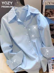 YOZY Women's Rhinestone Decor Button Front Shirt, Casual Long Sleeve Collared Top for Daily Wear, Ladies Clothes for All Seasons