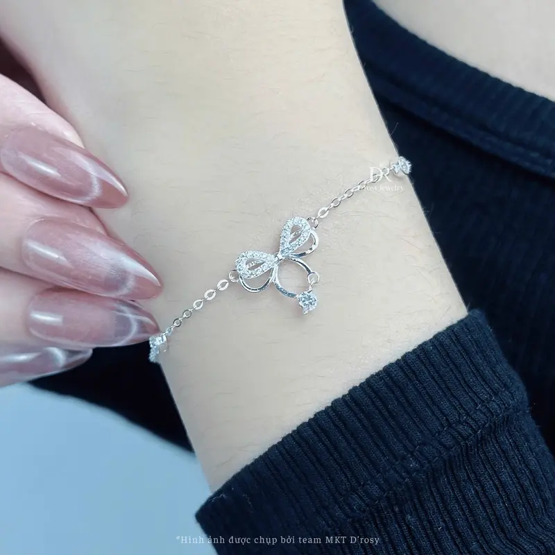 Lắc tay bạc nữ S925 D'ROSY nơ treo hạt đá nhẩy lấp lánh D'ROSY JEWELRY LT35 2