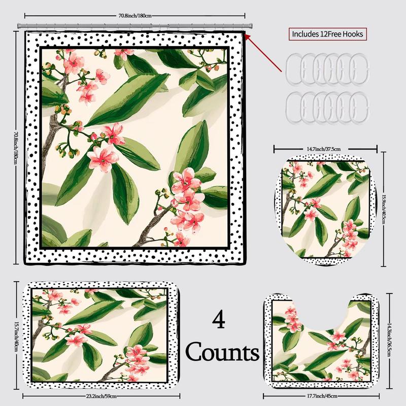 Floral Pattern Bathroom Curtain Set, 1 Set Waterproof Shower Curtain with Hooks/Oxford Floor Mat/U-shaped Mat/Toilet Lid Cover, Bathroom Decor Supplies 1