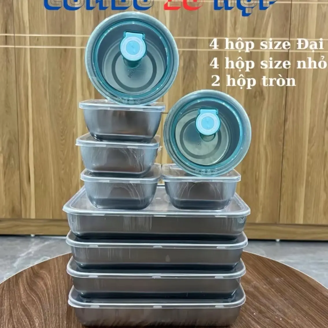 [COMBO 10] Hộp Đựng Thực Phẩm Inox 304. [ 4 hộp Đại 25x20x5.5 - 4 hộp nhỏ 13.5x10.5x6 - 2 Hộp tròn 11x7cm ] Kèm Nắp Đậy