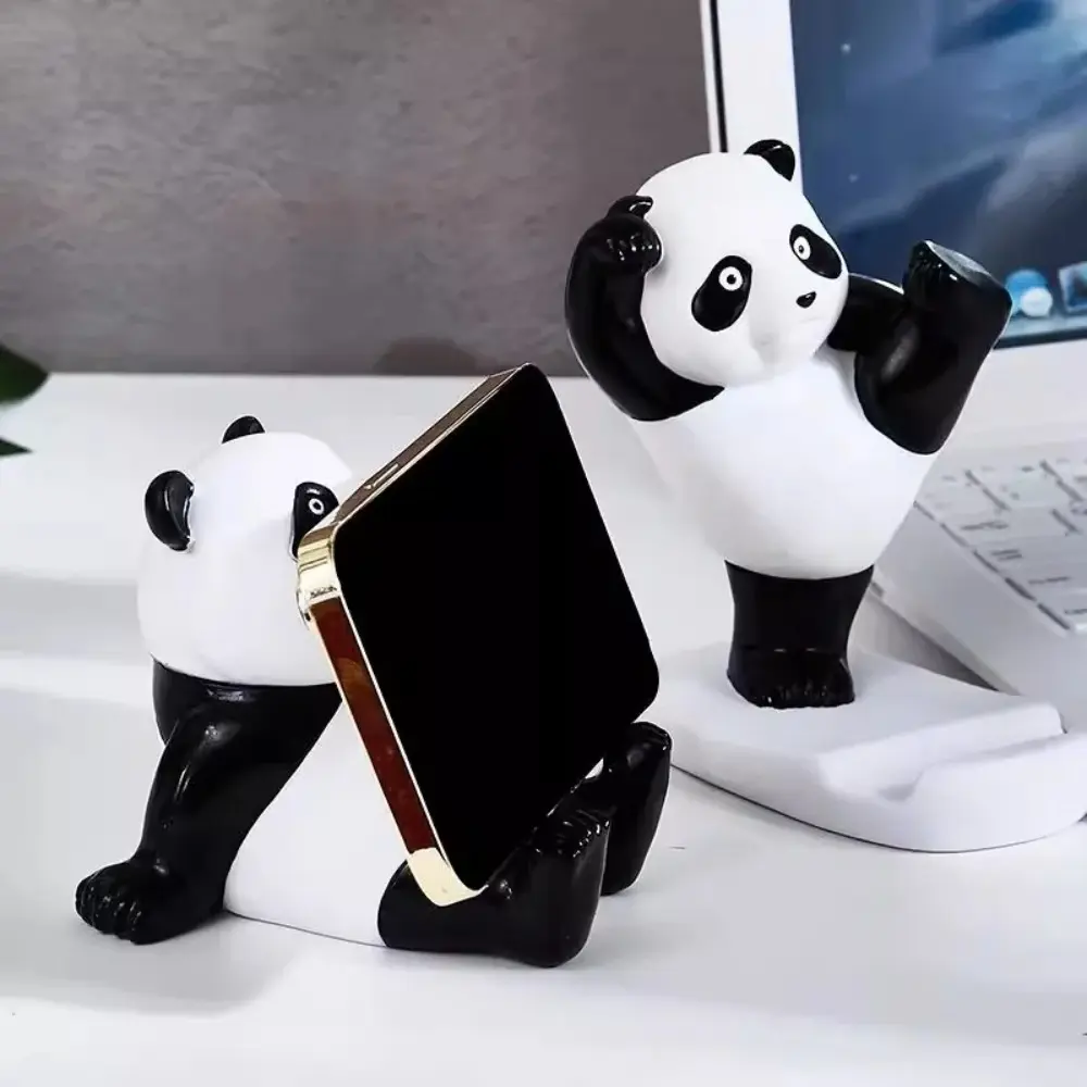 Cute Panda Mobile Phone Holder Toy Gifts Panda Sculpture Statue Phone Bracket Desktop Ornament Cartoon Panda Decoration