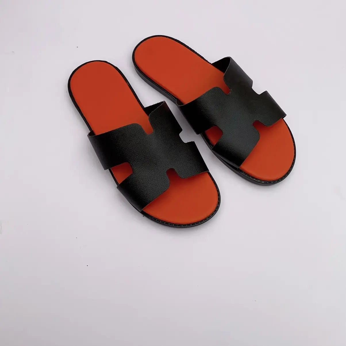 Dép Nam quai ngang bản da sần chữ [H] full đen cam sang xịn mịn Sandal Cao Su Đế Bằng DéP