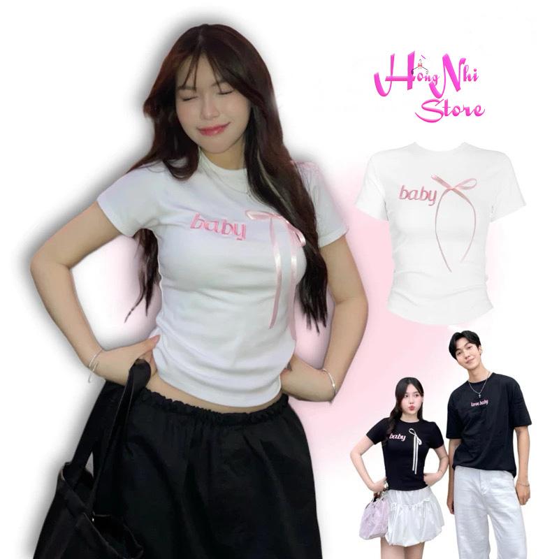 Áo Thun Cặp Baby Tee Thun Tay Lỡ Thêu Chữ Love Baby Phối Nơ Form Rộng 75kg Siêu Cá Tính Ulzzang- MM Hồng Nhi Store Nữ Top Women Cổ Tròn Voi