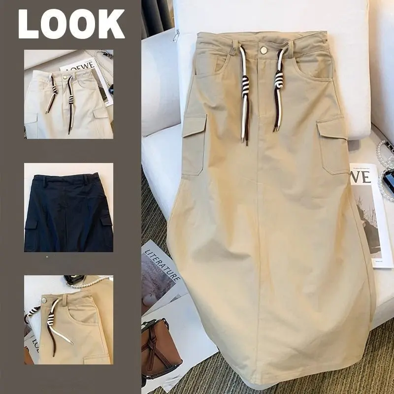 Half Skirt Women's Summer Korean Version of The New High-waist Pocket with A Split Mid-long Skirts