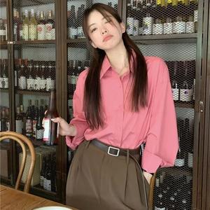 เสื้อเชิ้ตคอปกโปโลสีชมพูย้อนยุค แฟชั่น ทรงหลวม เสื้อแขนยาว มาใหม่ Clothing ผู้หญิง
