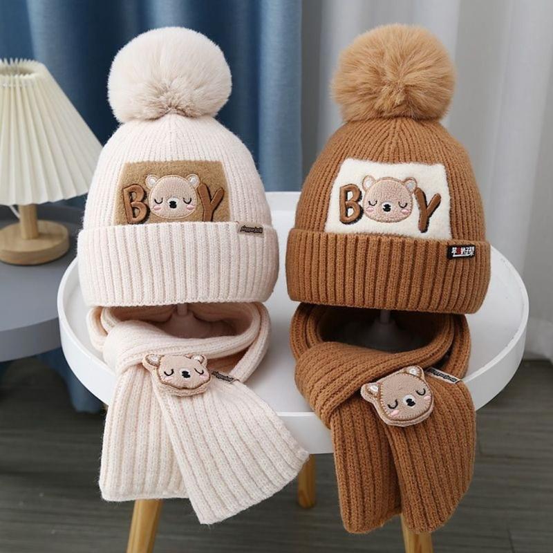 Product Introduction of 2Pcs/Set Gifts Cute Children Hat Scarf Set Woolen Warm Kids Beanie Caps Pompom Cartoon Bear Beanie Hat Scarf for Kids Boys Girls 15