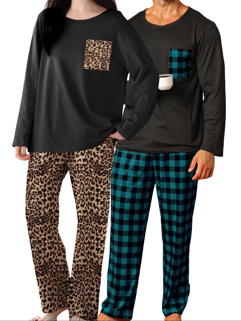 Product Introduction of Couple's Plaid Print Drop Shoulder Pocket Crew Neck Sleep Top & Pants Pajama Set, Casual Comfy Long Sleeve Round Neck Tee & Elastic Waist Trousers Pj Set, Couple's Sleepwear for Fall & Winter Valentine's Day, gift 6