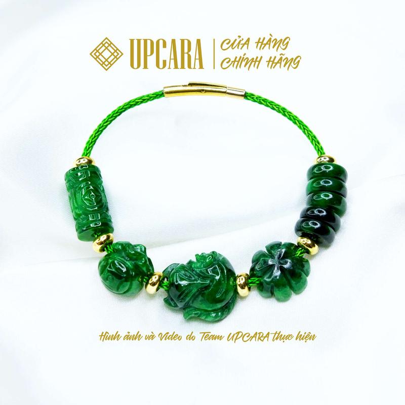 Vòng tay lu thống chạm túi tiền hồ ly cỏ bốn lá và ngũ điếu sơn thuỷ màu xanh đen hợp mệnh mộc, hoả, thuỷ UPCARA