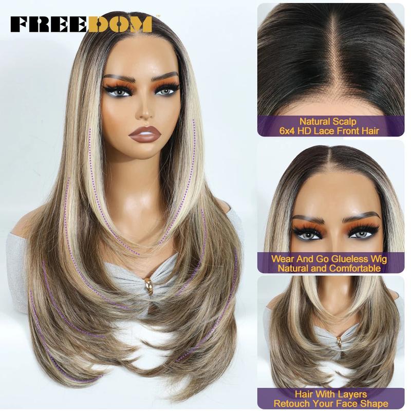 Product Introduction of Synthetic Lace Front Wigs For Black Woman Layered Straight Wear and Go Glueless Wigs Ombre Brown T Part & 6x4 Pre Plucked Wig 17
