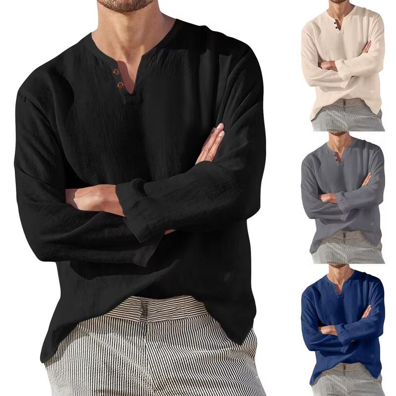 Product Introduction of Men's Casual Loose Fit V-Neck Long Sleeve Linen Beach Shirt kurta  lelaki alain delon kurt a lelaki hari  raya  outfit kurta  3  suku  lelaki 2