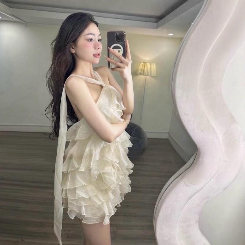 Váy thiết kế - Váy tơ cổ buộc bèo tầng xếp xinh sang full màu hồng xanh kem đen 1253 Nữ Women Nữ Women Nhung Dress 1