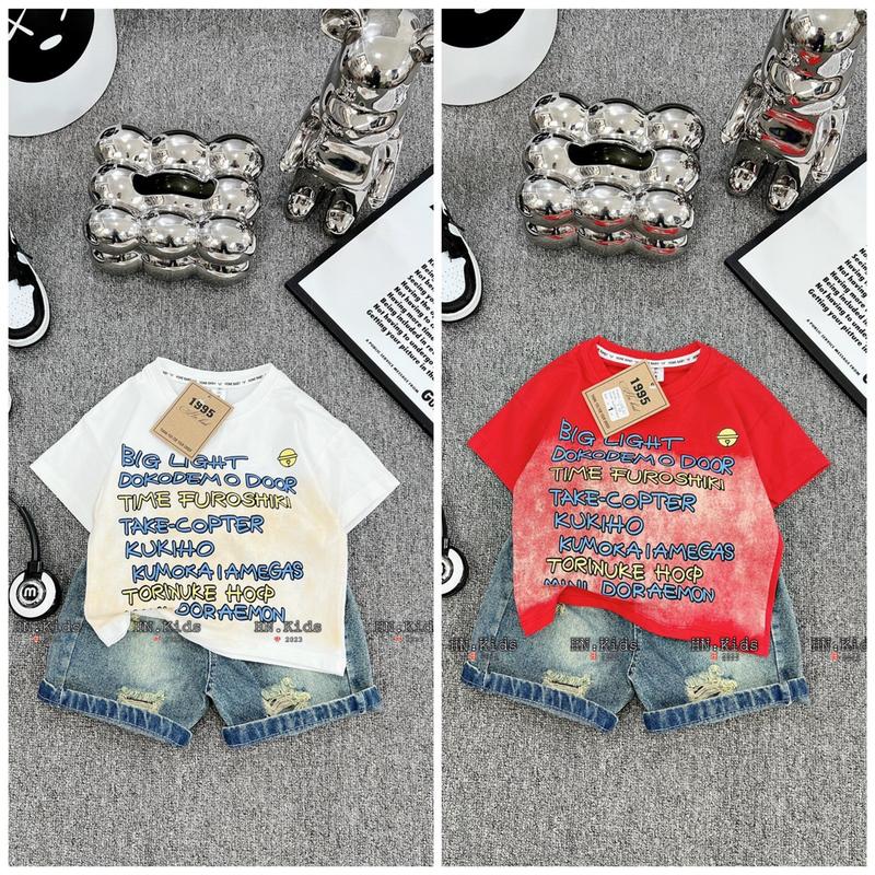 10-30kg- Bộ quần jean đùi áo thun cộc tay màu đỏ - sét áo thun polo quần short jean hình labubu set bé 3