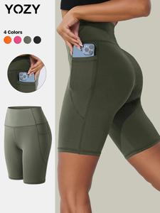 YOZY-GOOO Solid Pocket High Waist Sports Shorts, Comfy Breathable Top-stitching Biker Shorts, 2024 Women's Daily & Sports Wear for Yoga, Gym, Workout, Running