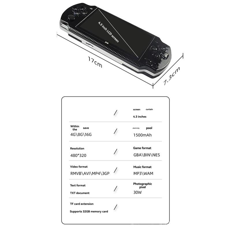 Product Introduction of 2025 X6 Handheld Game Console 4.3 Inch Screen Mp4 Player Mp5 Game Player 8Gb Support For Psp Game Camera Video E-Book A 9