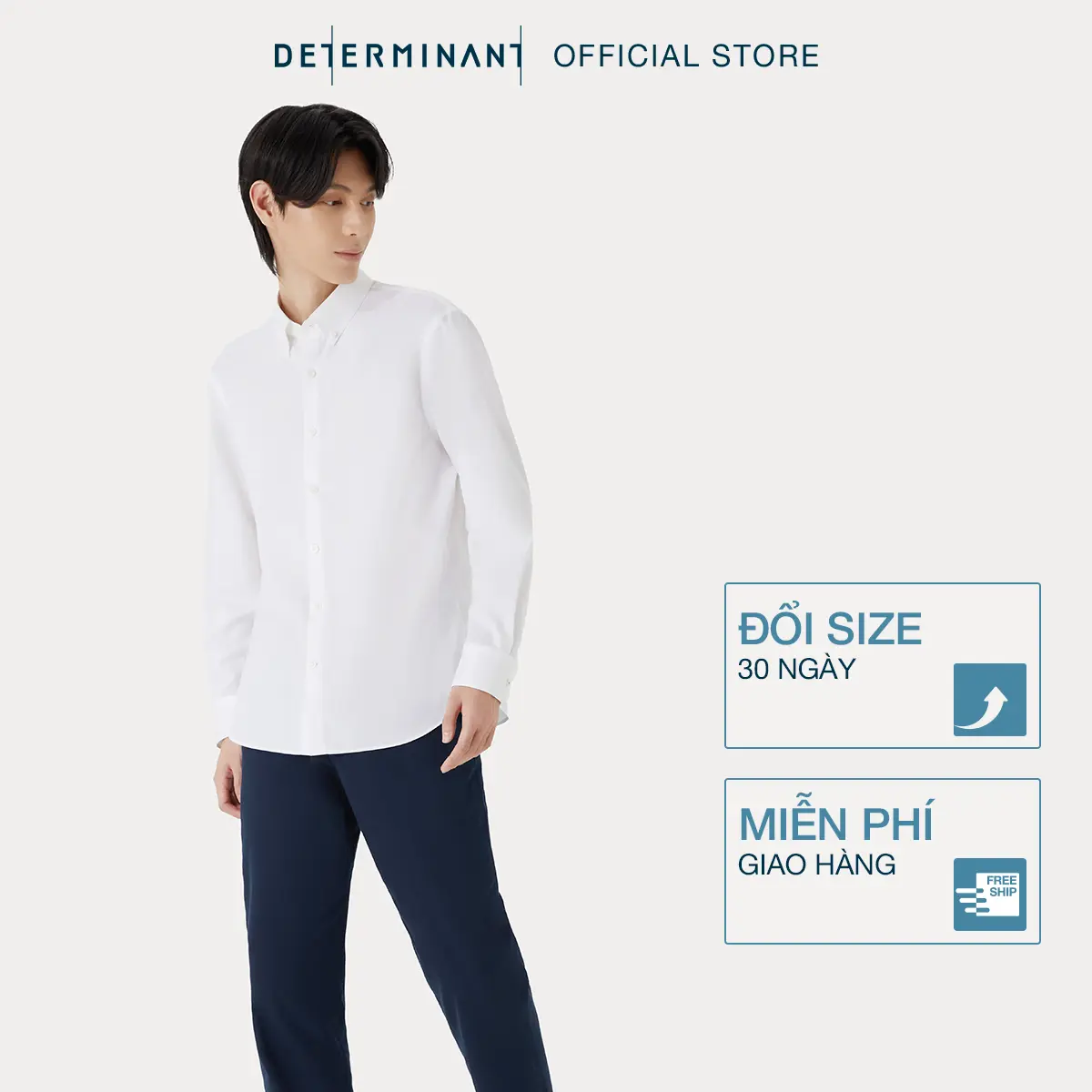 Áo sơ mi nam tay dài DETERMINANT 100% cotton siêu dài - công nghệ Visdry chống nhăn kháng khuẩn - SS01 - màu Trắng