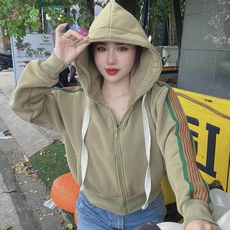 Áo khoác nỉ nón to tay sọc thời trang Top Hoodie Nữ Women Voi việt nam  nâu hoodie  zip