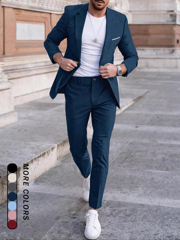 Men's Solid Color Business Suit Set, Slim Fit Lapel Neck Blazer & Pants, Men's Summer Clothes for Work Office Business, Menswear 6