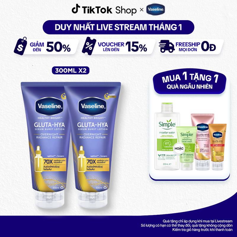   1   MỚI  Combo 2 Mặt nạ serum dưỡng thể Vaseline Gluta Hya Overnight ẩm mịn căng mướt 300ml x2 