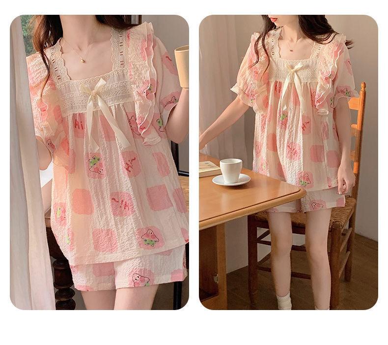 Product Introduction of Bộ đồ ngủ bằng vải bông mùa hè của phụ nữ Dễ thương Patrick Ngôi sao ngắn tay ren trang trí bong bóng Nếp nhăn Mục vụ Loungewear hai mảnh Áo 16