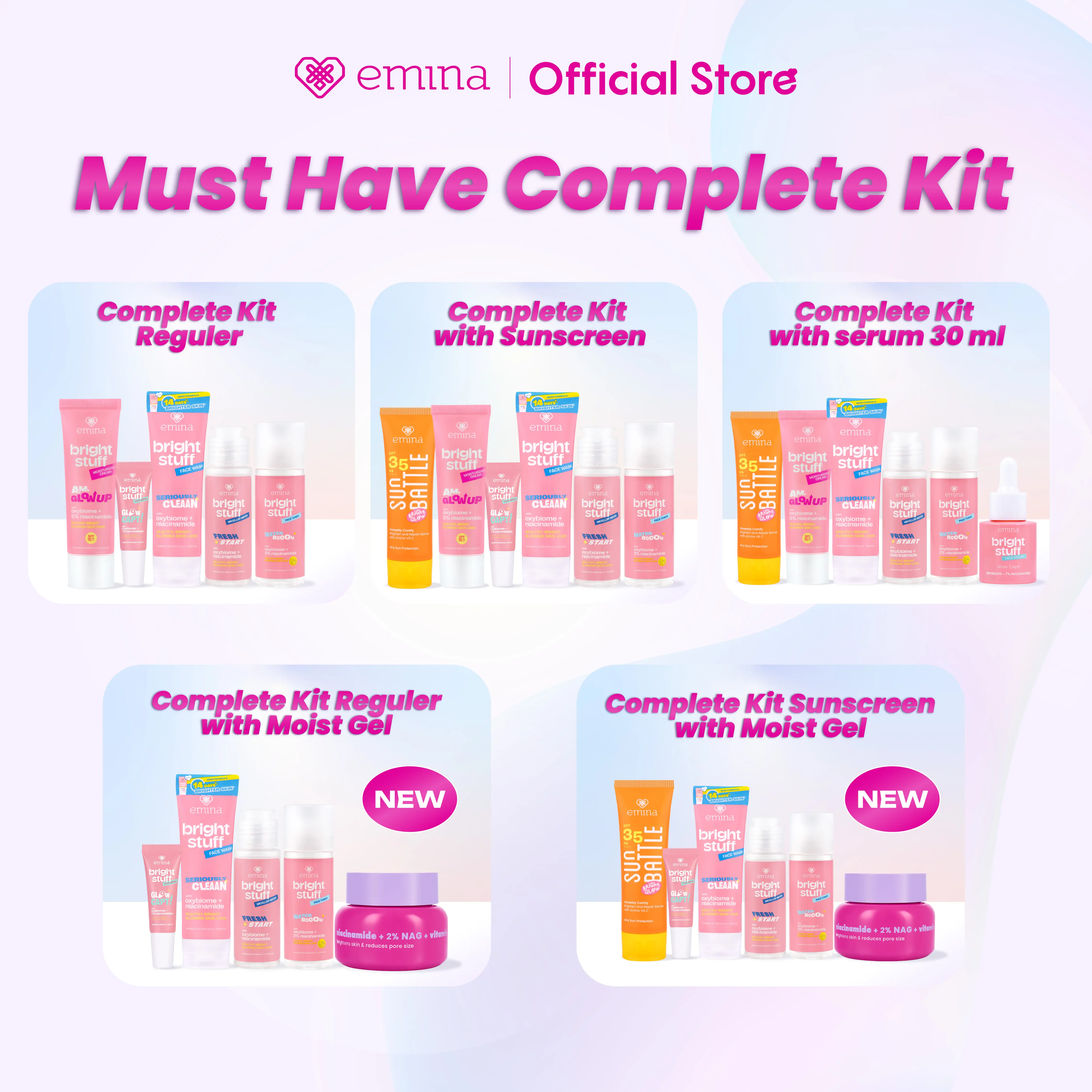 [MUST HAVE] GLOW COMPLETE KIT EMINA BRIGHT STUFF ISI 5 (Micellar Water, Face Wash, Toner, Serum, Moisturizing Cream) Paket Lengkap Cerah Lembab Glowing