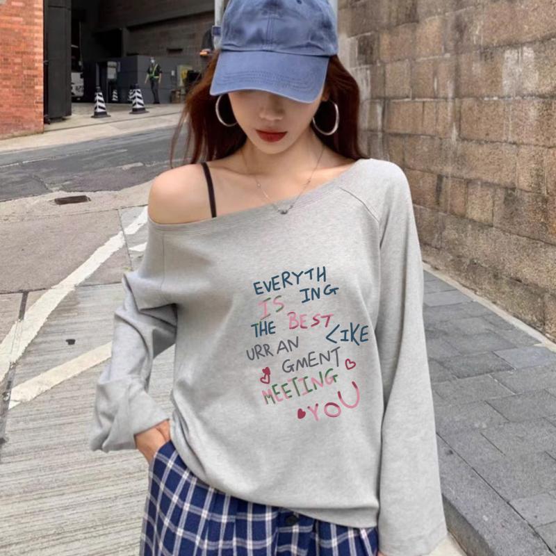 Product Introduction of Áo thun Dài Tay Nữ Lệch Vai In Hình ANHSTORE, chất 100% cotton 4 chiều cao cấp, phom rộng cá tính - Top Nữ - Women áo  lệch áo  ngang Nhung Cổ Tròn 17