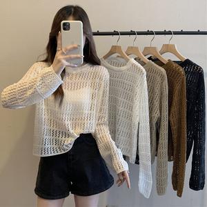 Hollow Knit Sweater for Women, Summer Thin Sweater 2025 Korean Version, Long Sleeve Loose Versatile Top, Sun Protection Cover-Up