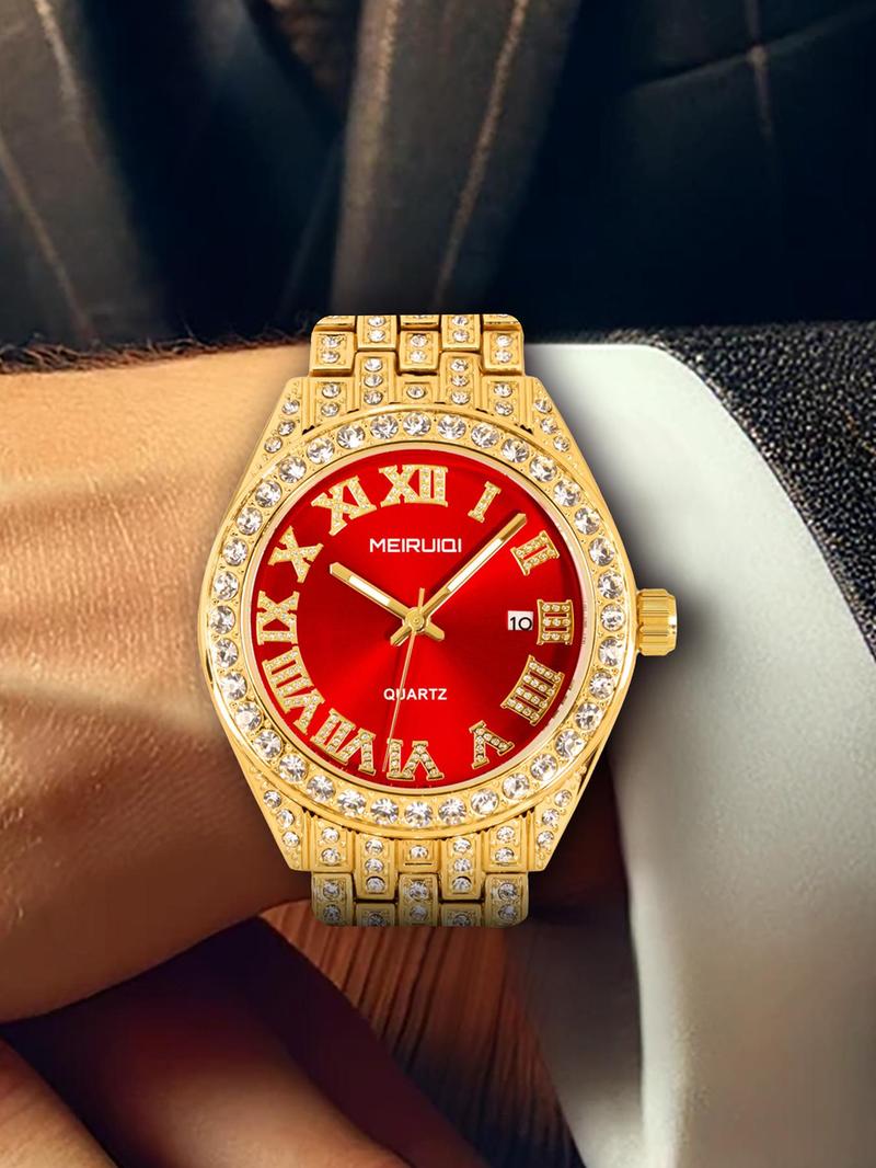 Product Introduction of Men's Business Fashion Rhinestone Decorated Analog Quartz Watch, with Box, Fashion Watch for Party, Daily Decor, Trendy All-match & Exquisite Watch for Birthday Gift 3