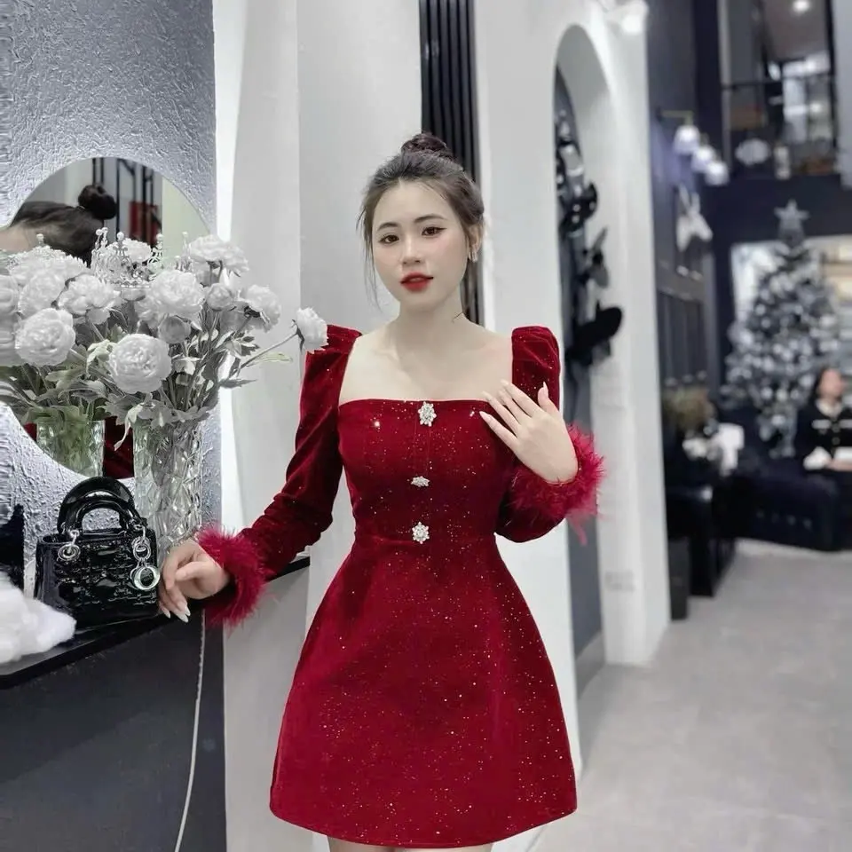 Đầm nhung kim tuyến tay phối lông tiểu thư #damtieuthu #damnoenl