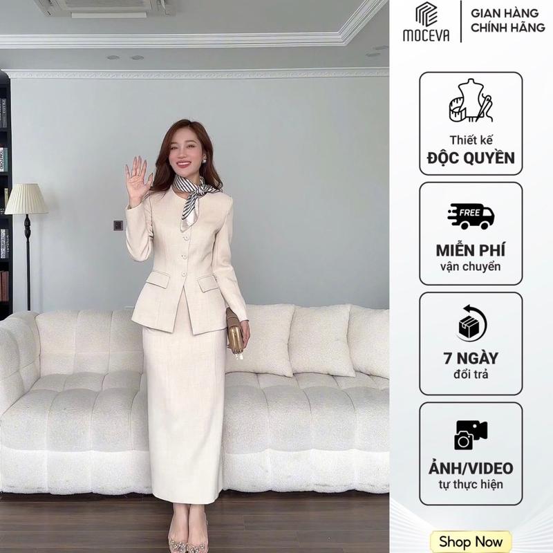 MOCEVA SET VEST TAY DÀI MIX CHÂN VÁY SUÔNG THIẾT KẾ BASIC SANG TRỌNG Nữ Top Women Áo Dài Tay