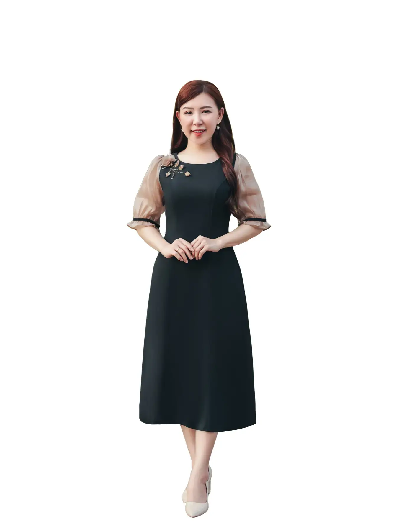 5.5 Săn đầm ưu đãi săn đầm liền tay Đầm trung niên TTV1253  Vải Chéo Hàn cao cấp  Dáng Đầm xòe Cổ tròn kết hoa tay lỡ Màu Đen  Quý phái sang trọng Nữ Women Dress Màu Đen